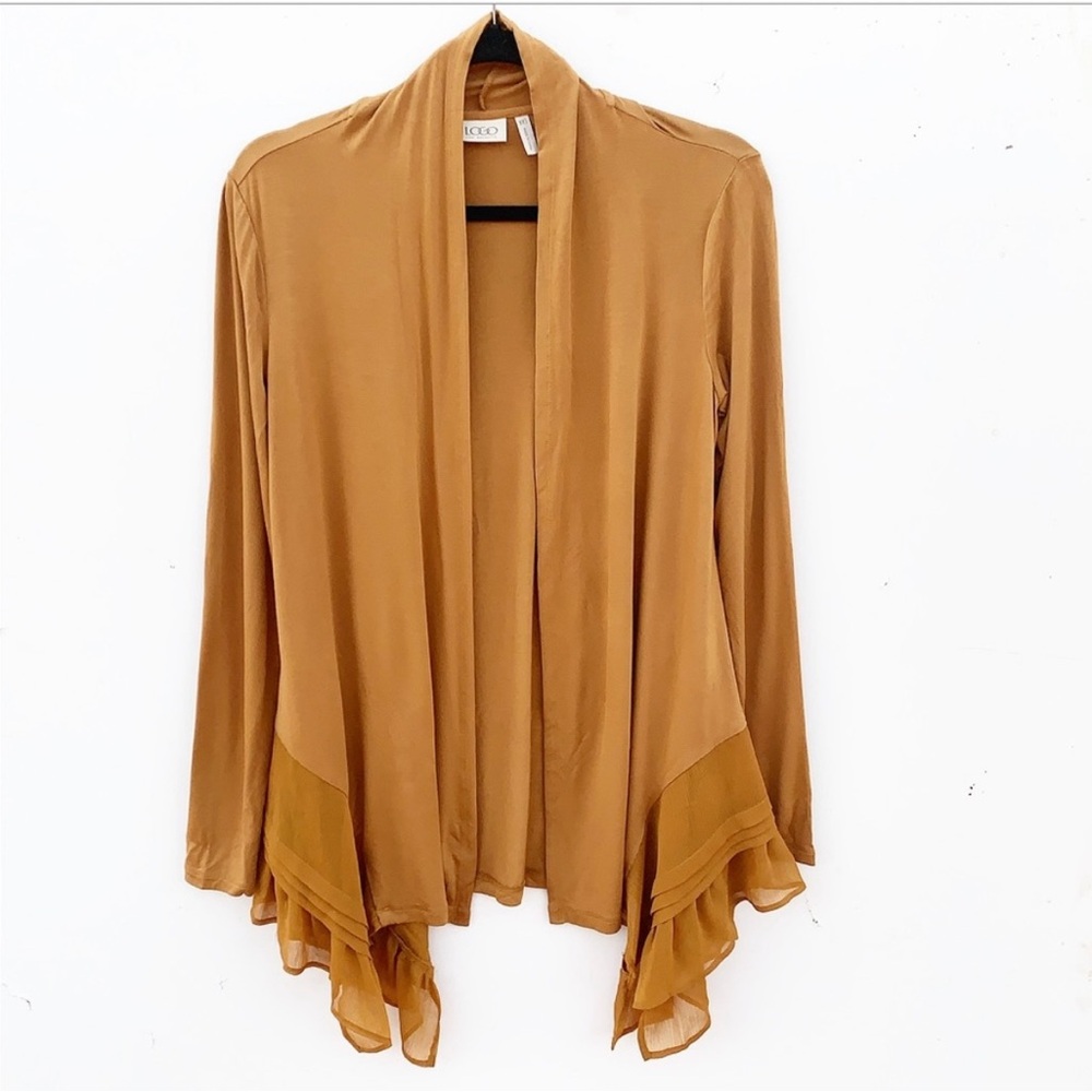 LOGO Lori Goldstein Gold Mustard Open Cardigan with Pleated Chiffon